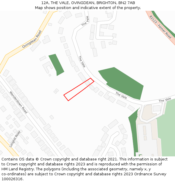 12A, THE VALE, OVINGDEAN, BRIGHTON, BN2 7AB: Location map and indicative extent of plot