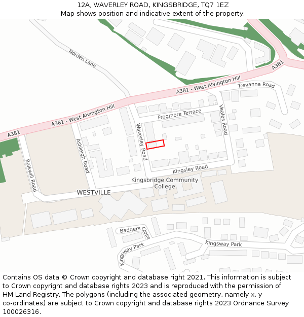 12A, WAVERLEY ROAD, KINGSBRIDGE, TQ7 1EZ: Location map and indicative extent of plot