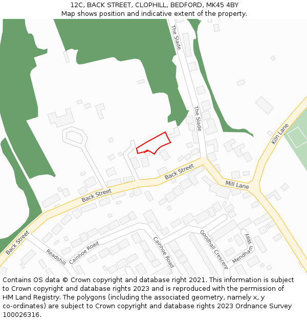 12C, BACK STREET, CLOPHILL, BEDFORD, MK45 4BY: Location map and indicative extent of plot