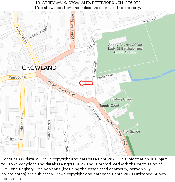 13, ABBEY WALK, CROWLAND, PETERBOROUGH, PE6 0EP: Location map and indicative extent of plot
