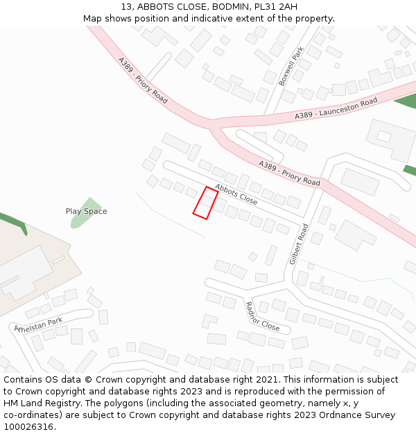 13, ABBOTS CLOSE, BODMIN, PL31 2AH: Location map and indicative extent of plot
