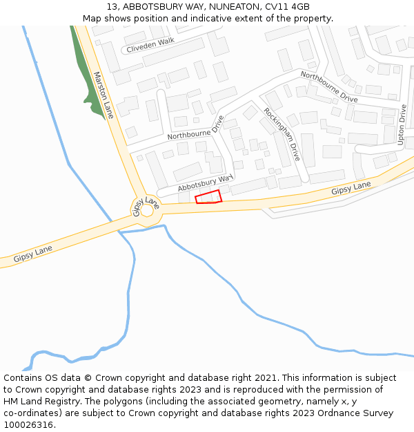 13, ABBOTSBURY WAY, NUNEATON, CV11 4GB: Location map and indicative extent of plot