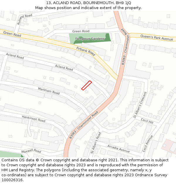 13, ACLAND ROAD, BOURNEMOUTH, BH9 1JQ: Location map and indicative extent of plot