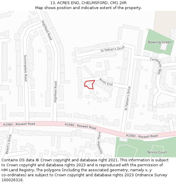 13, ACRES END, CHELMSFORD, CM1 2XR: Location map and indicative extent of plot