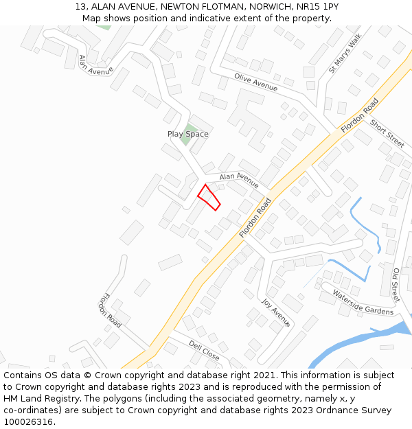 13, ALAN AVENUE, NEWTON FLOTMAN, NORWICH, NR15 1PY: Location map and indicative extent of plot