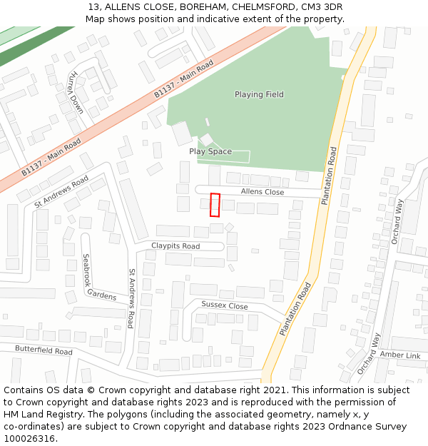 13, ALLENS CLOSE, BOREHAM, CHELMSFORD, CM3 3DR: Location map and indicative extent of plot