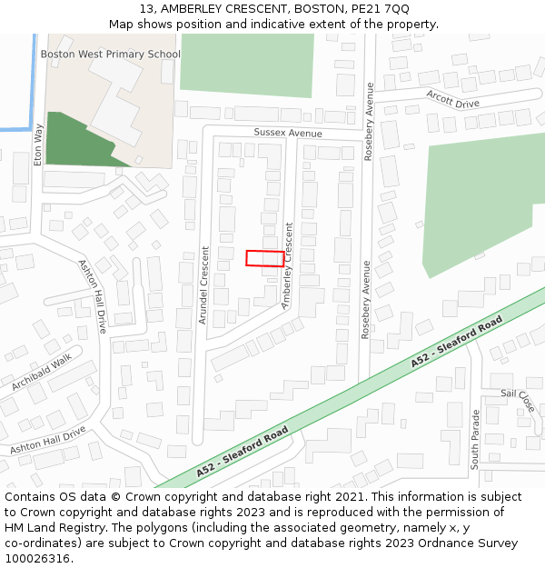 13, AMBERLEY CRESCENT, BOSTON, PE21 7QQ: Location map and indicative extent of plot