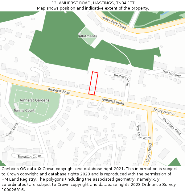 13, AMHERST ROAD, HASTINGS, TN34 1TT: Location map and indicative extent of plot