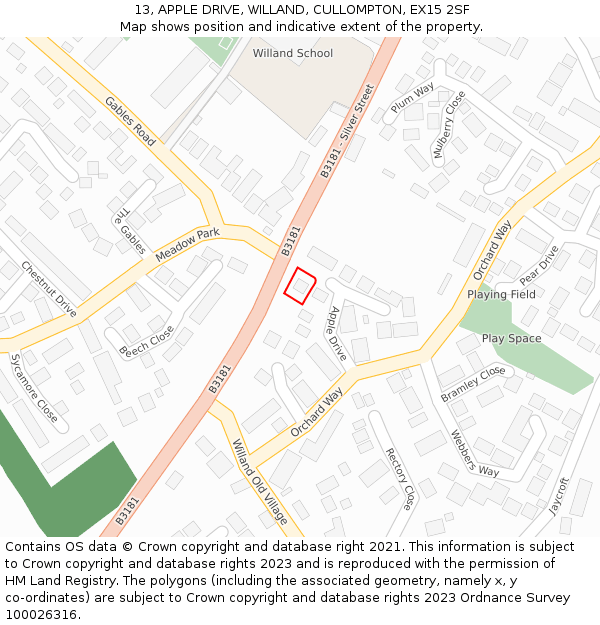 13, APPLE DRIVE, WILLAND, CULLOMPTON, EX15 2SF: Location map and indicative extent of plot