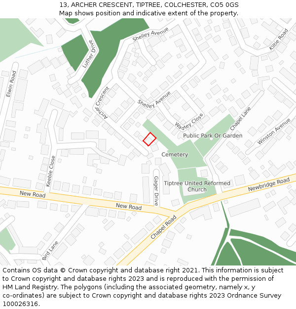 13, ARCHER CRESCENT, TIPTREE, COLCHESTER, CO5 0GS: Location map and indicative extent of plot
