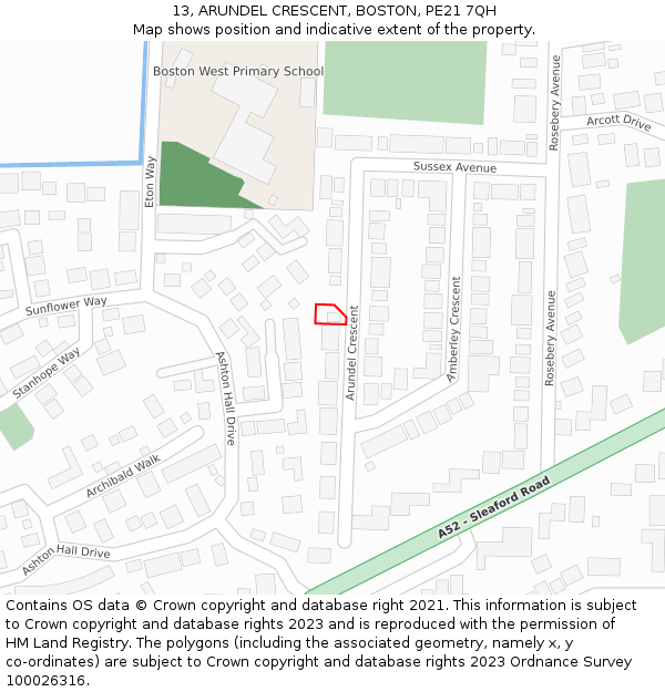 13, ARUNDEL CRESCENT, BOSTON, PE21 7QH: Location map and indicative extent of plot