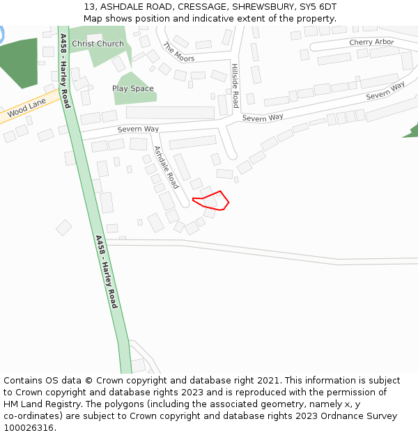 13, ASHDALE ROAD, CRESSAGE, SHREWSBURY, SY5 6DT: Location map and indicative extent of plot