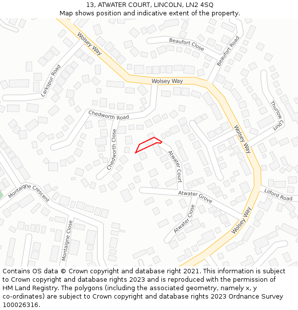 13, ATWATER COURT, LINCOLN, LN2 4SQ: Location map and indicative extent of plot