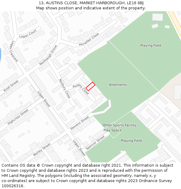 13, AUSTINS CLOSE, MARKET HARBOROUGH, LE16 9BJ: Location map and indicative extent of plot