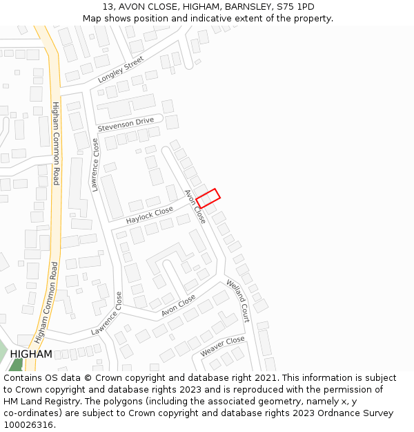 13, AVON CLOSE, HIGHAM, BARNSLEY, S75 1PD: Location map and indicative extent of plot