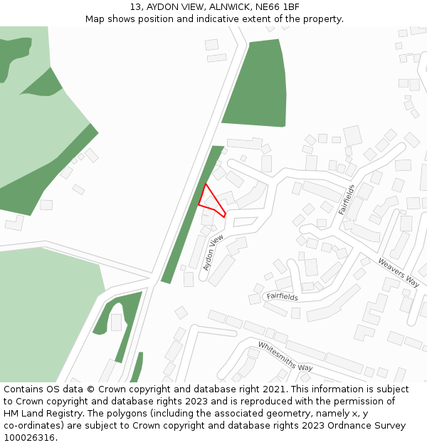 13, AYDON VIEW, ALNWICK, NE66 1BF: Location map and indicative extent of plot
