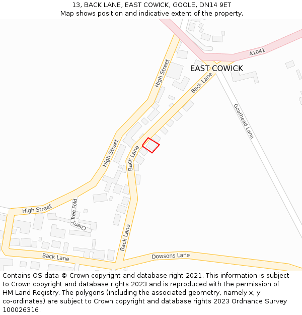 13, BACK LANE, EAST COWICK, GOOLE, DN14 9ET: Location map and indicative extent of plot