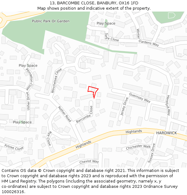13, BARCOMBE CLOSE, BANBURY, OX16 1FD: Location map and indicative extent of plot