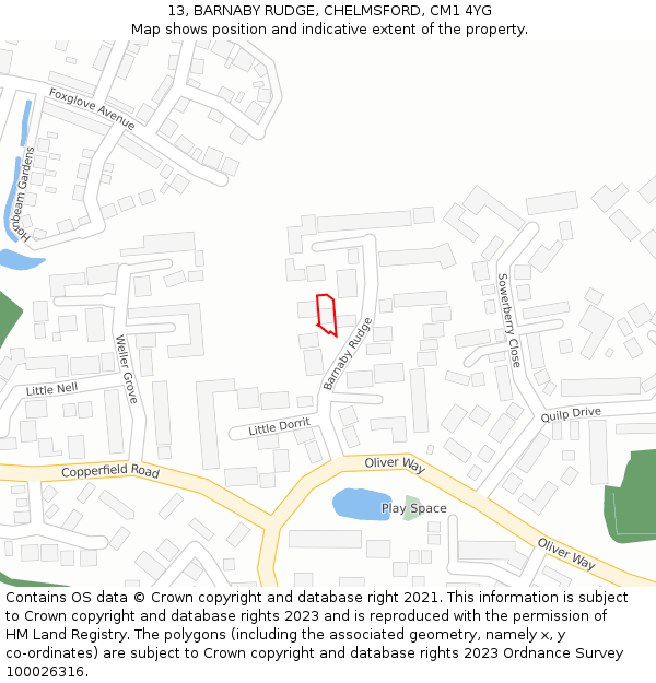 13, BARNABY RUDGE, CHELMSFORD, CM1 4YG: Location map and indicative extent of plot