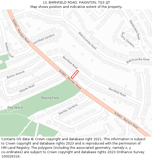 13, BARNFIELD ROAD, PAIGNTON, TQ3 2JT: Location map and indicative extent of plot