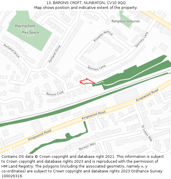 13, BARONS CROFT, NUNEATON, CV10 9QQ: Location map and indicative extent of plot