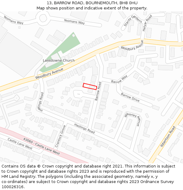 13, BARROW ROAD, BOURNEMOUTH, BH8 0HU: Location map and indicative extent of plot
