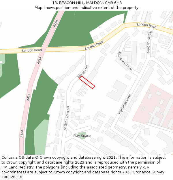 13, BEACON HILL, MALDON, CM9 6HR: Location map and indicative extent of plot