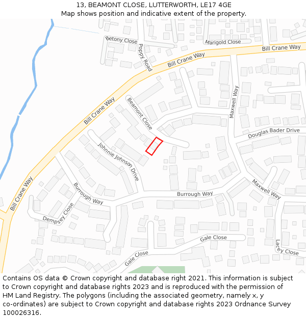 13, BEAMONT CLOSE, LUTTERWORTH, LE17 4GE: Location map and indicative extent of plot