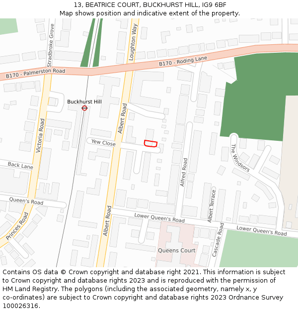 13, BEATRICE COURT, BUCKHURST HILL, IG9 6BF: Location map and indicative extent of plot