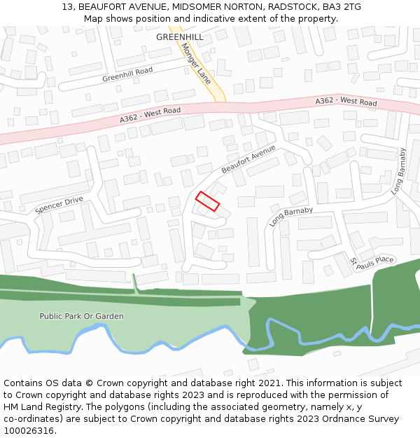13, BEAUFORT AVENUE, MIDSOMER NORTON, RADSTOCK, BA3 2TG: Location map and indicative extent of plot