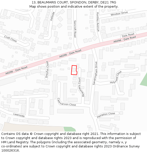 13, BEAUMARIS COURT, SPONDON, DERBY, DE21 7RG: Location map and indicative extent of plot