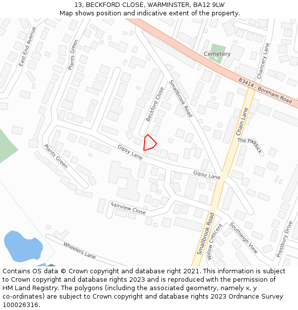 13, BECKFORD CLOSE, WARMINSTER, BA12 9LW: Location map and indicative extent of plot