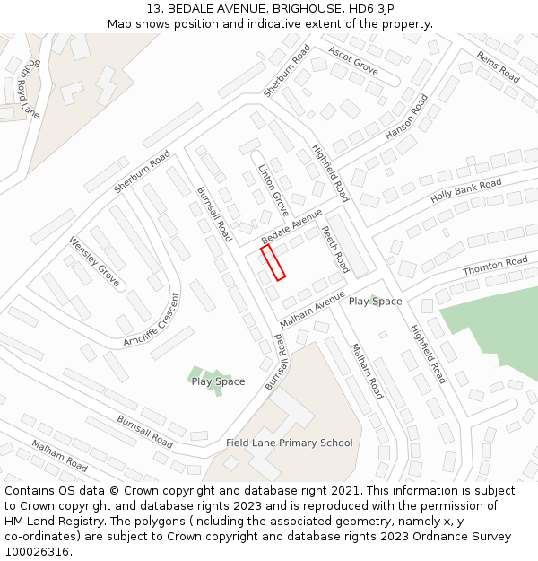 13, BEDALE AVENUE, BRIGHOUSE, HD6 3JP: Location map and indicative extent of plot