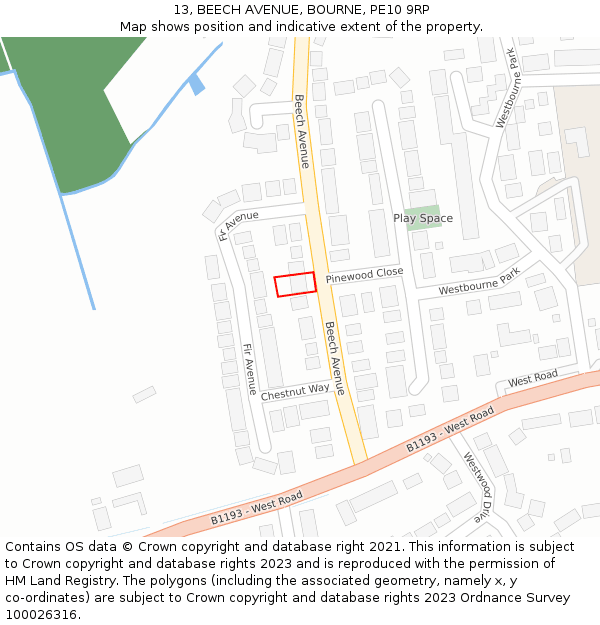13, BEECH AVENUE, BOURNE, PE10 9RP: Location map and indicative extent of plot