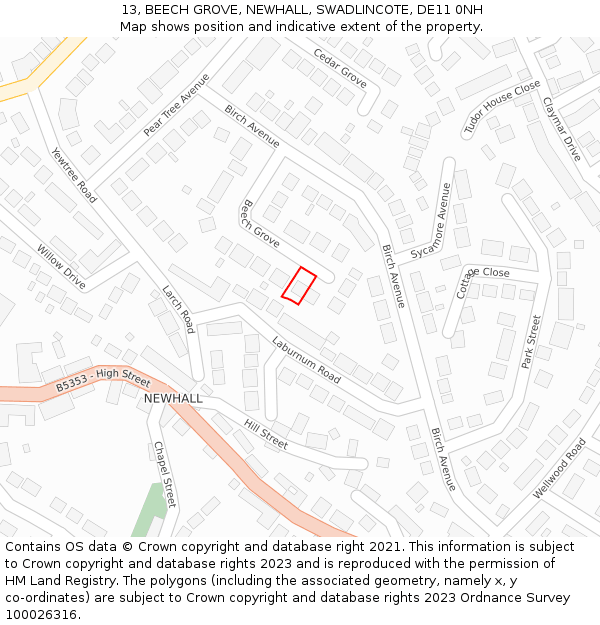 13, BEECH GROVE, NEWHALL, SWADLINCOTE, DE11 0NH: Location map and indicative extent of plot