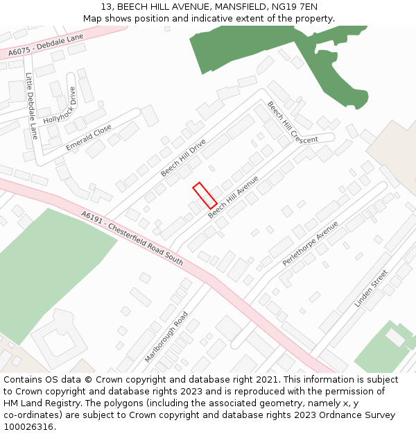 13, BEECH HILL AVENUE, MANSFIELD, NG19 7EN: Location map and indicative extent of plot