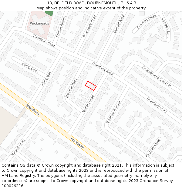 13, BELFIELD ROAD, BOURNEMOUTH, BH6 4JB: Location map and indicative extent of plot