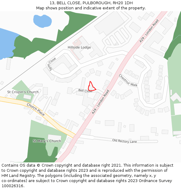 13, BELL CLOSE, PULBOROUGH, RH20 1DH: Location map and indicative extent of plot