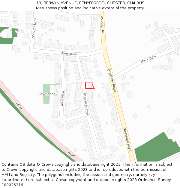 13, BERWYN AVENUE, PENYFFORDD, CHESTER, CH4 0HS: Location map and indicative extent of plot