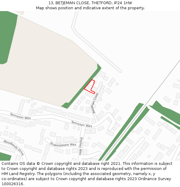 13, BETJEMAN CLOSE, THETFORD, IP24 1HW: Location map and indicative extent of plot