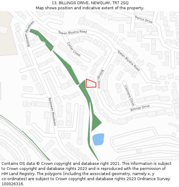 13, BILLINGS DRIVE, NEWQUAY, TR7 2SQ: Location map and indicative extent of plot