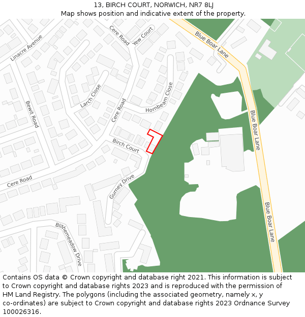 13, BIRCH COURT, NORWICH, NR7 8LJ: Location map and indicative extent of plot