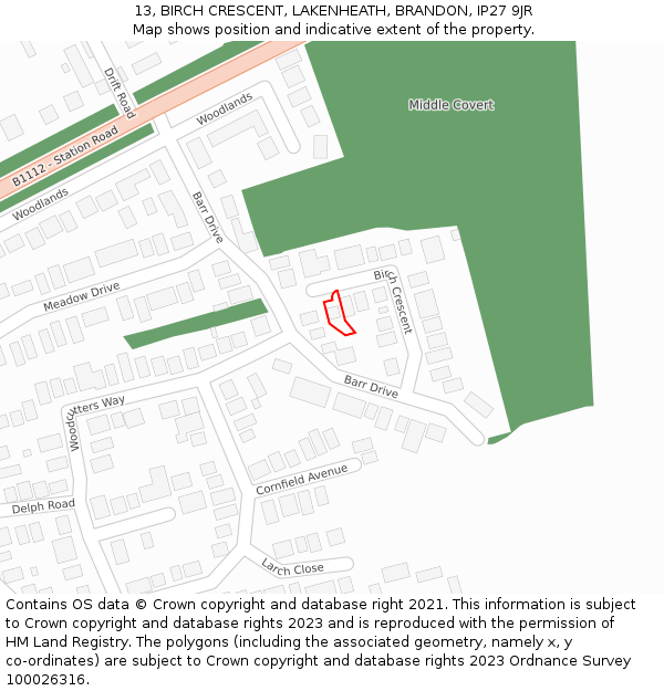 13, BIRCH CRESCENT, LAKENHEATH, BRANDON, IP27 9JR: Location map and indicative extent of plot