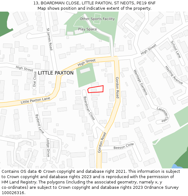 13, BOARDMAN CLOSE, LITTLE PAXTON, ST NEOTS, PE19 6NF: Location map and indicative extent of plot