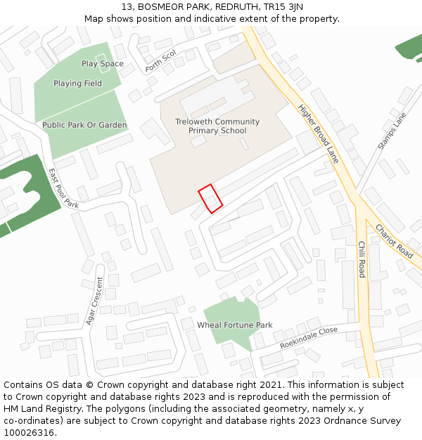 13, BOSMEOR PARK, REDRUTH, TR15 3JN: Location map and indicative extent of plot