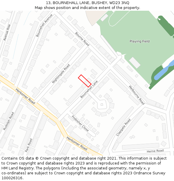 13, BOURNEHALL LANE, BUSHEY, WD23 3NQ: Location map and indicative extent of plot