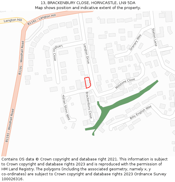 13, BRACKENBURY CLOSE, HORNCASTLE, LN9 5DA: Location map and indicative extent of plot