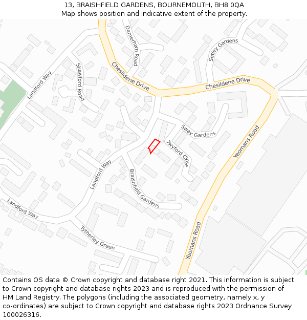 13, BRAISHFIELD GARDENS, BOURNEMOUTH, BH8 0QA: Location map and indicative extent of plot