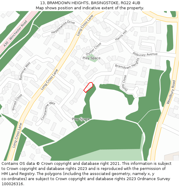 13, BRAMDOWN HEIGHTS, BASINGSTOKE, RG22 4UB: Location map and indicative extent of plot