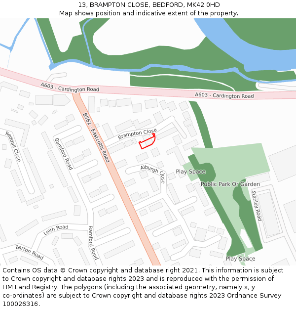 13, BRAMPTON CLOSE, BEDFORD, MK42 0HD: Location map and indicative extent of plot